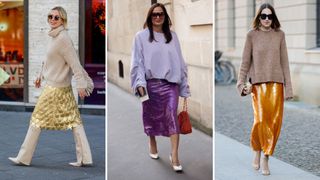 A composite of three street style influencers wearing Christmas party outfits - a sparkly skirt and a jumper