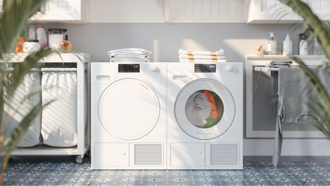 Laundry room interior with washing machine, dryer, white cabinets, drying rack and blurred plants — for article on how to wash viscose