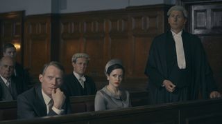 Paul Bettany and Claire Foy look on in court during A Very British Scandal season 2