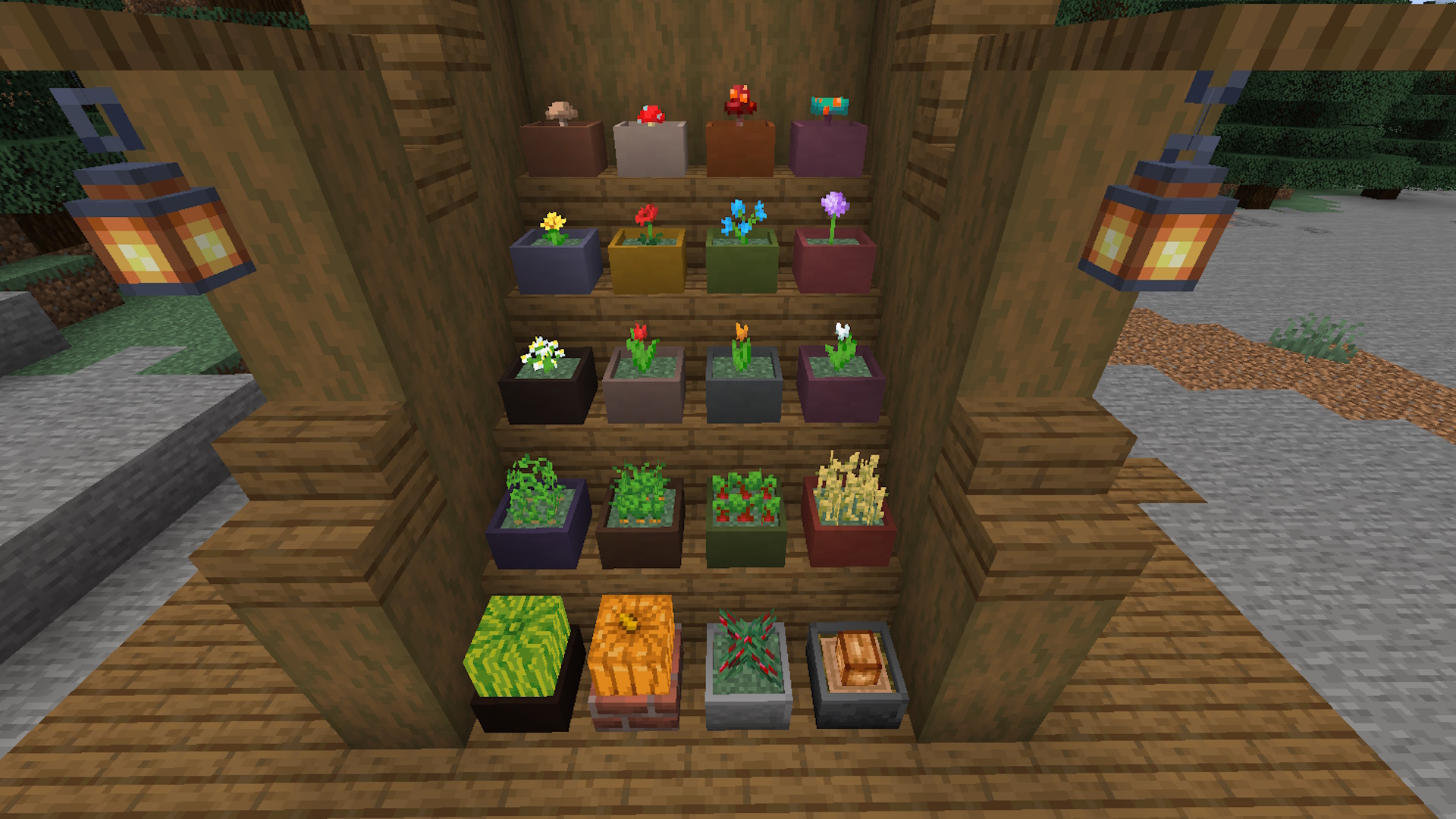 Minecraft mods - Botany Pots mod showing off the variety of potted plants