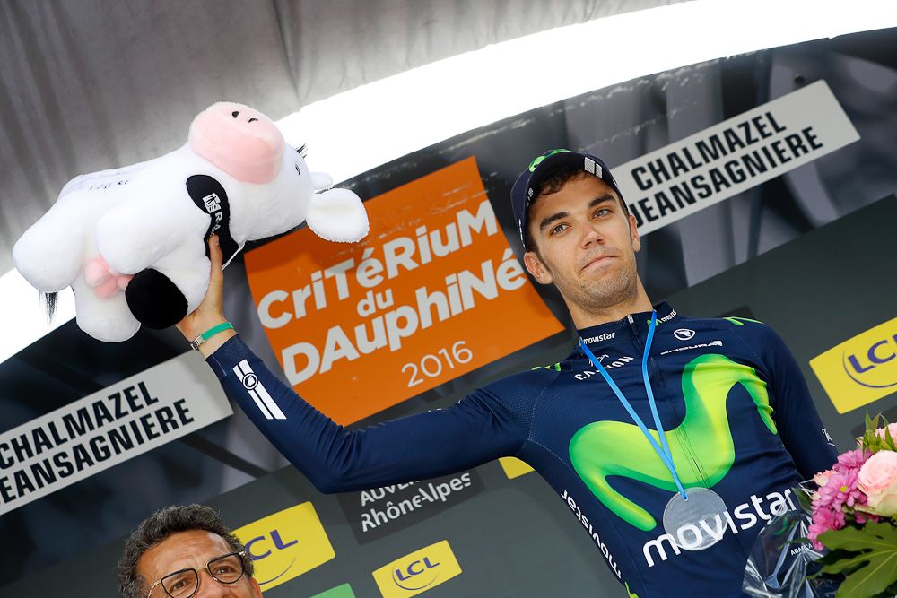 Jesus Herrada (Movistar) on the podium after winning stage 2 at the Criterium du Dauphine