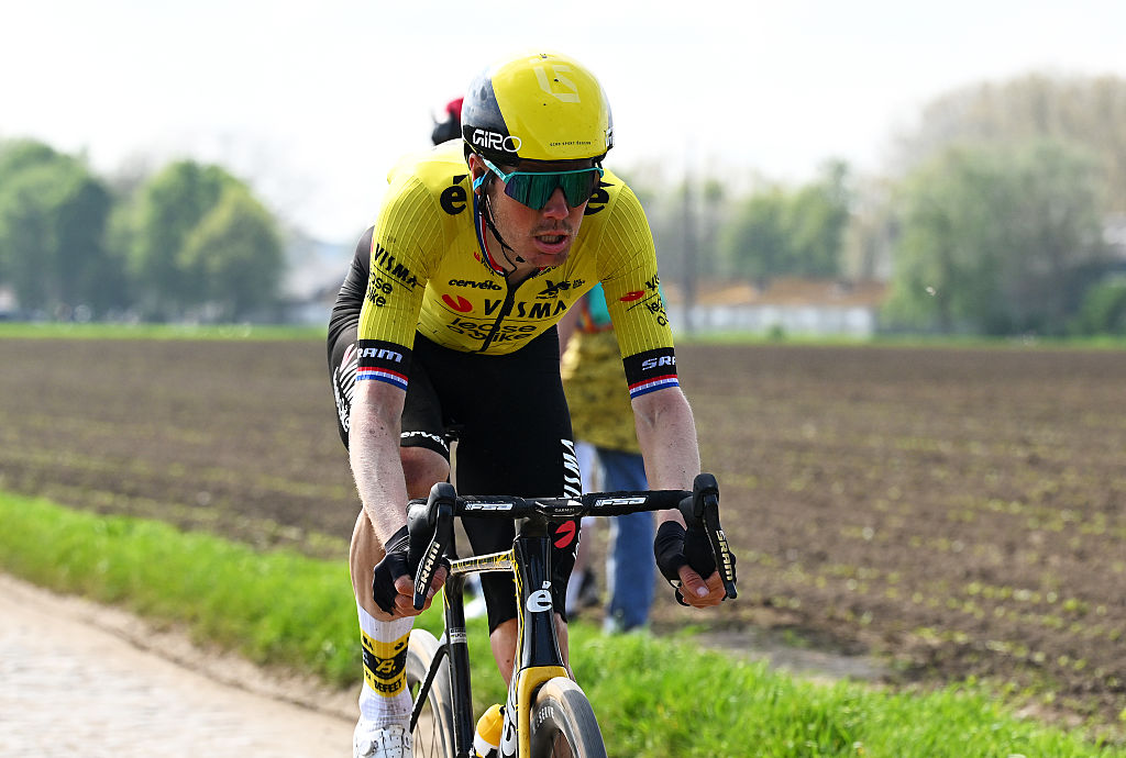 ROUBAIX, FRANCE - APRIL 13: Dylan Van Baarle of Netherlands and Team Visma | Lease a Bike competes during the 122nd Paris - Roubaix 2025 a 259.2km one day race from Compiegne to Roubaix / #UCIWT / on April 13, 2025 in Roubaix, France. (Photo by Luc Claessen/Getty Images)