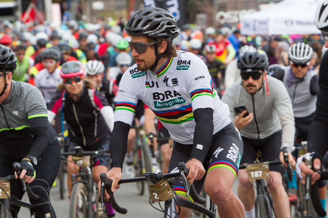 Peter Sagan leads riders from the start line of the Sagan Fondo