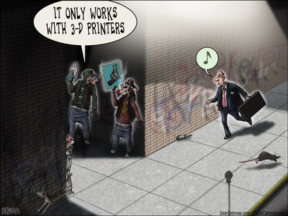 Political cartoon U.S. guns printed 3-D plastic paper arms robbery