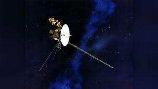 This artist concept of NASA Voyager spacecraft with its antenna pointing to Earth.