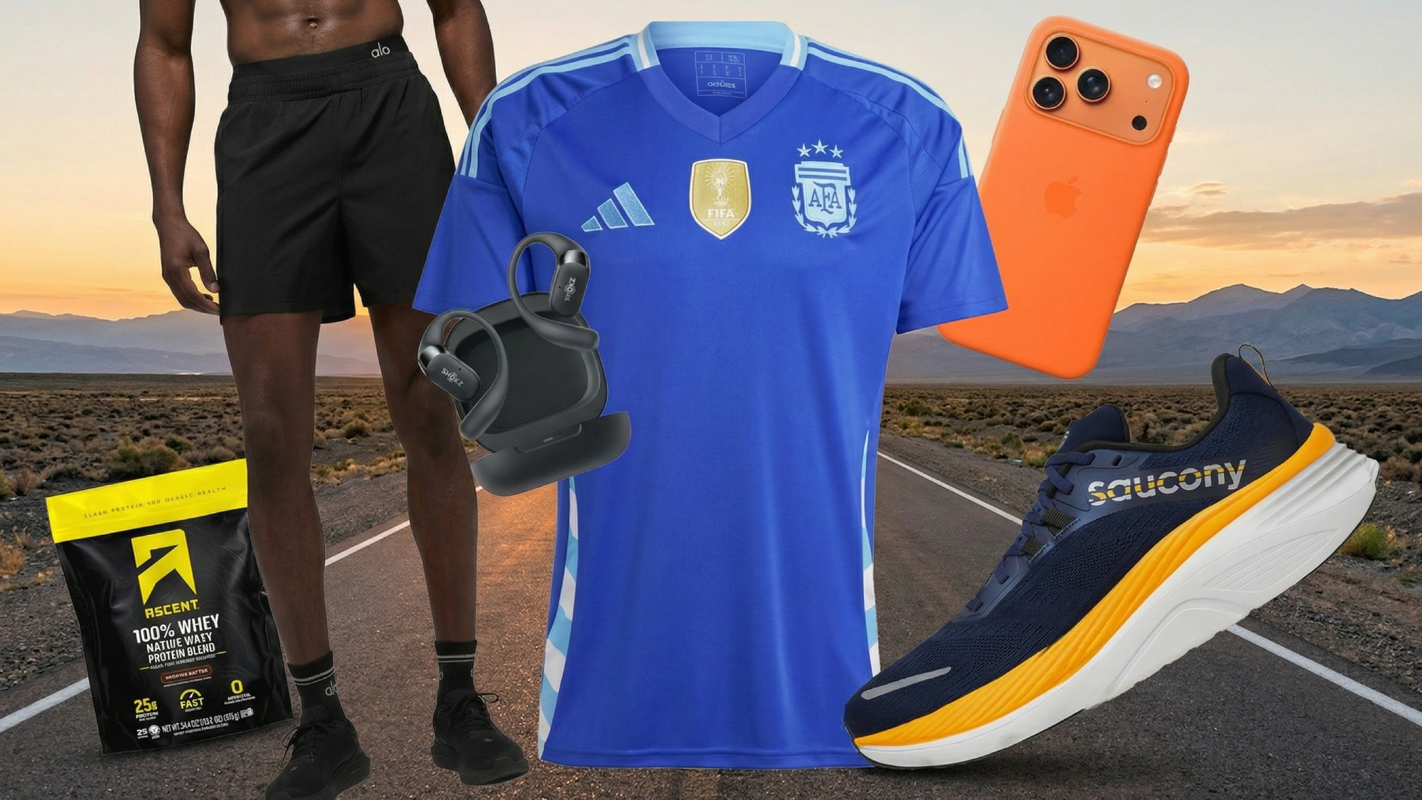 Collage of running gear shown in front of a road