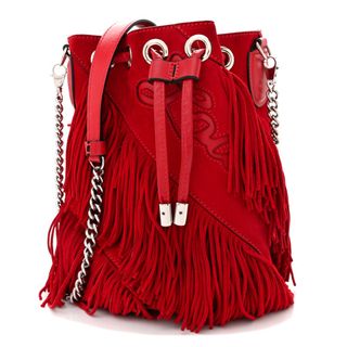 Christian Louboutin Suede Calfskin Fringe Marie Jane Bucket Red