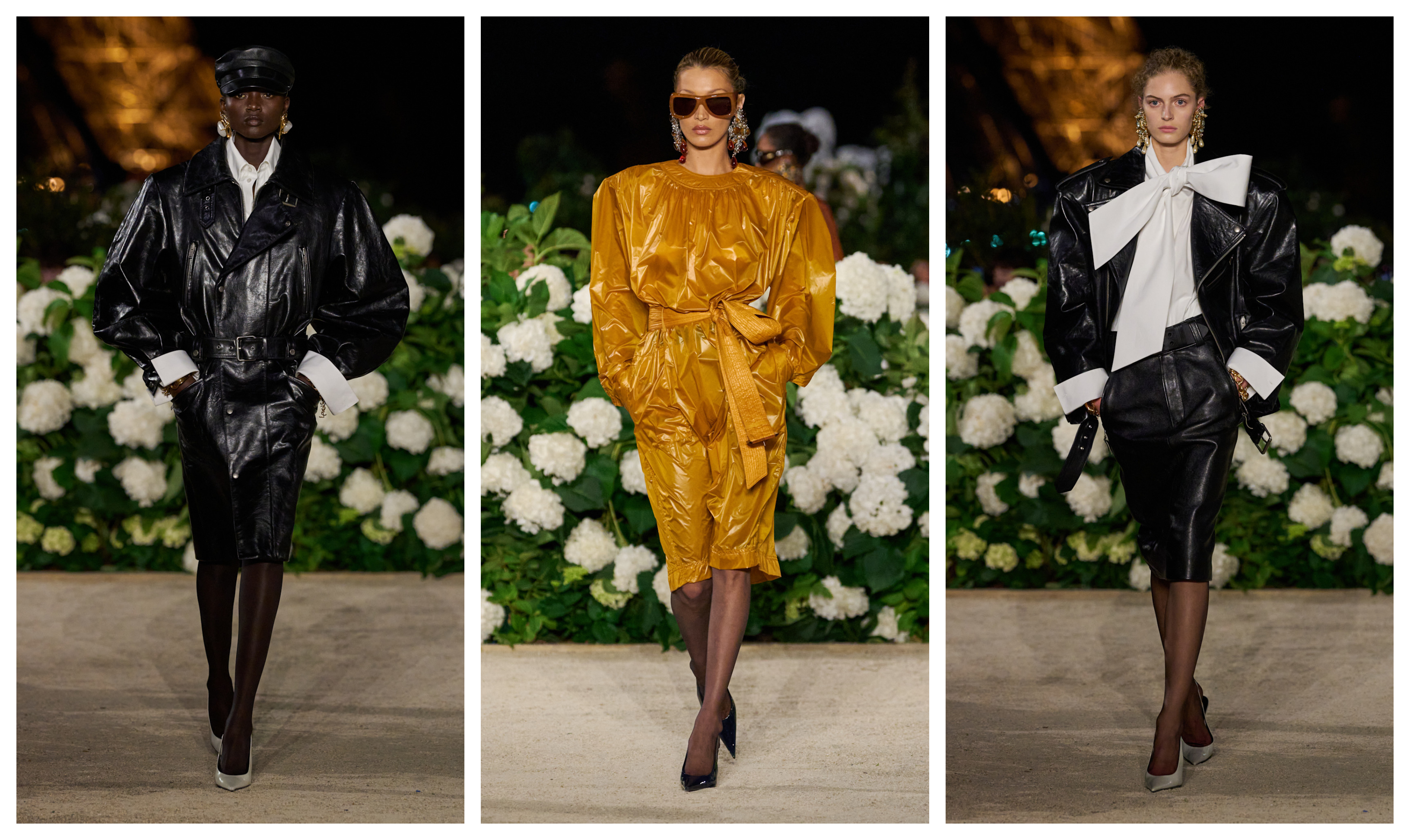 three models on the runway at saint laurent&#039;s paris fashion week show