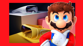 A fan-made render of a rumoured Nintendo VR headset and Super Mario looking surprised.