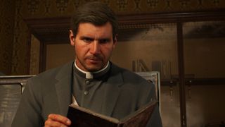 Indiana Jones and the Great Circle screenshot of Indiana dressed as priest, looking over a book