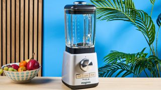 the magimix blender power 4 in silver with a control dial and three buttons with the glass blending pitcher against a blue background with a plant and fruit bowl