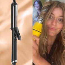 samantha holender on a beige background with a curling iron