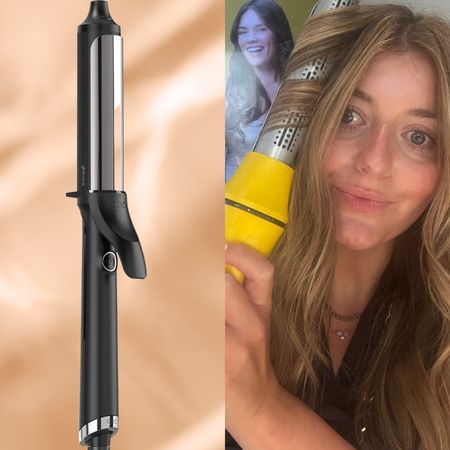 samantha holender on a beige background with a curling iron