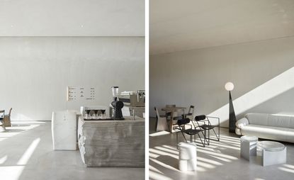 Orijins Dubai coffee shop with minimalist interiors including white walls and marble furniture
