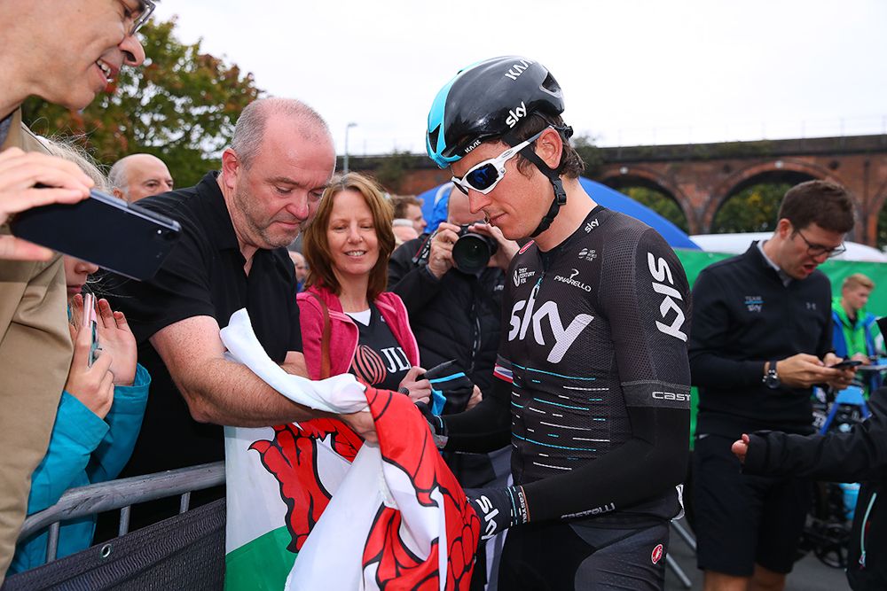 Geraint Thomas greets fans at the Tour of Britain