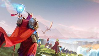 Red cloaked characters look out across a fantasy expanse of fractured earth, land, and waterfalls with the one closest wielding a staff with a glowing blue orb - in the distance, a dragon flies