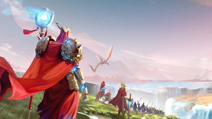 Red cloaked characters look out across a fantasy expanse of fractured earth, land, and waterfalls with the one closest wielding a staff with a glowing blue orb - in the distance, a dragon flies
