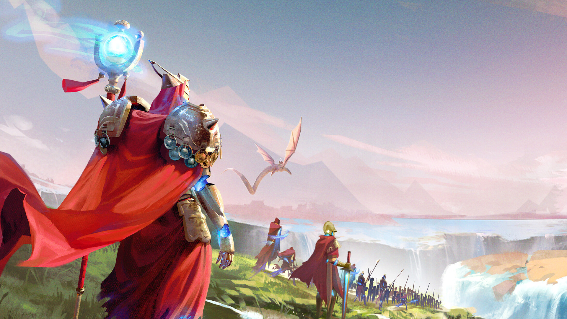 Red cloaked characters look out across a fantasy expanse of fractured earth, land, and waterfalls with the one closest wielding a staff with a glowing blue orb - in the distance, a dragon flies