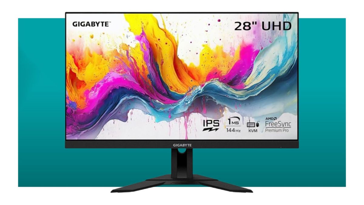 Gigabyte M28U gaming monitor on a white background