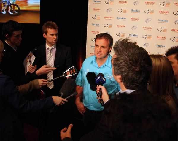 Santos Tour Down Under race director Mike Turtur speaks at the launch.