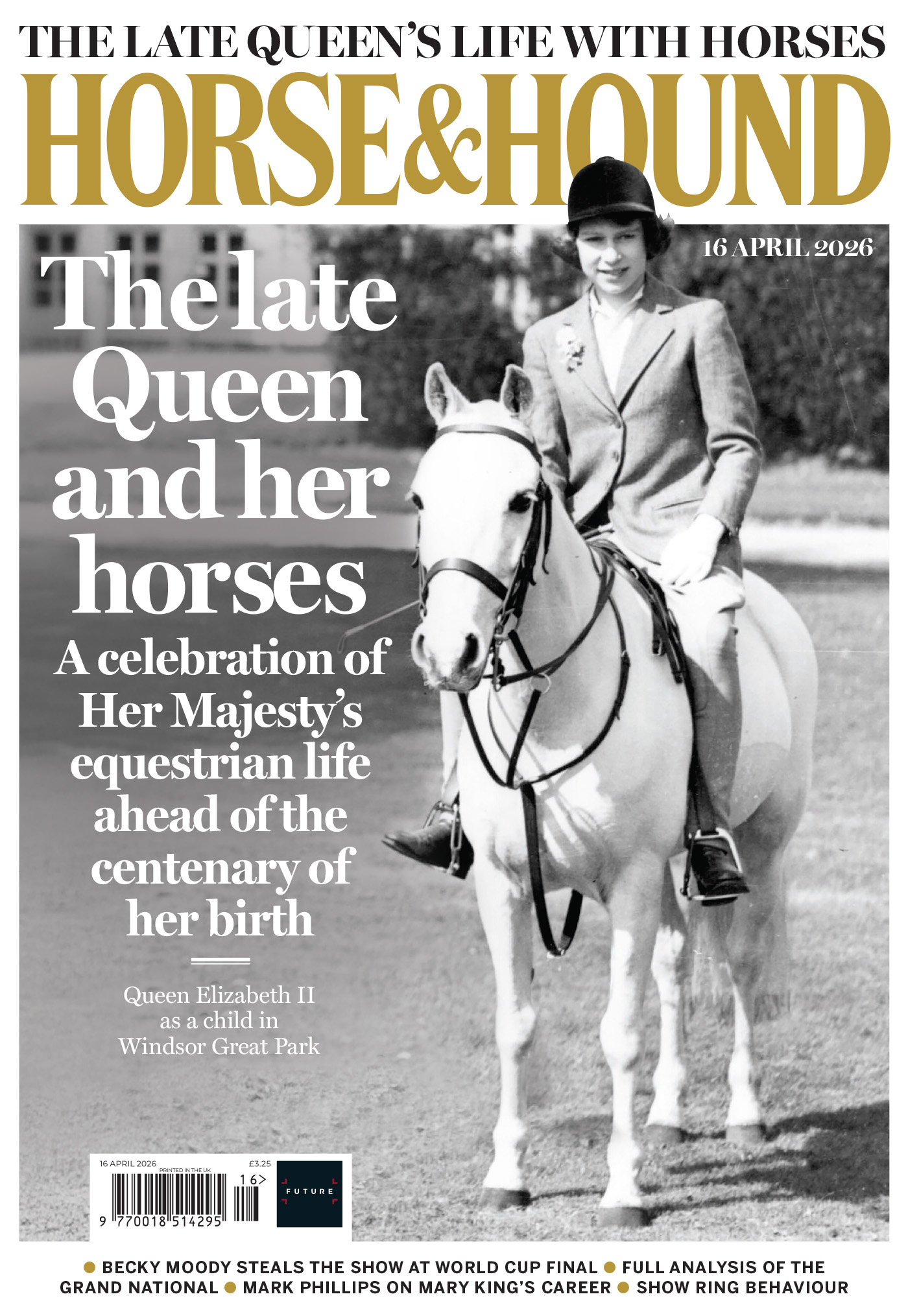 Cover of Horse &amp; Hound featuring a black and white image of Queen Elizabeth II as a girl, riding a grey pony