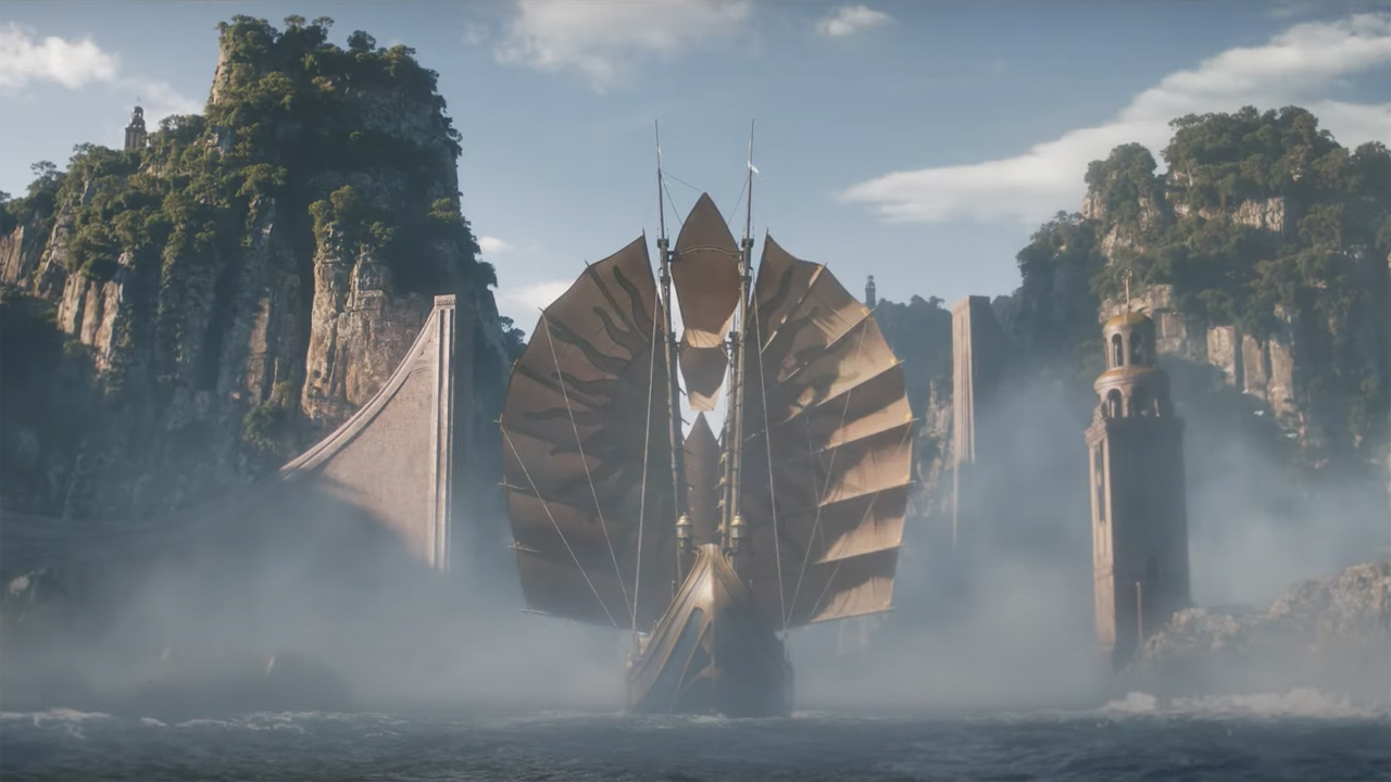 A Numenorian ship sails into the island kingdom's harbour in The Rings of Power's official trailer