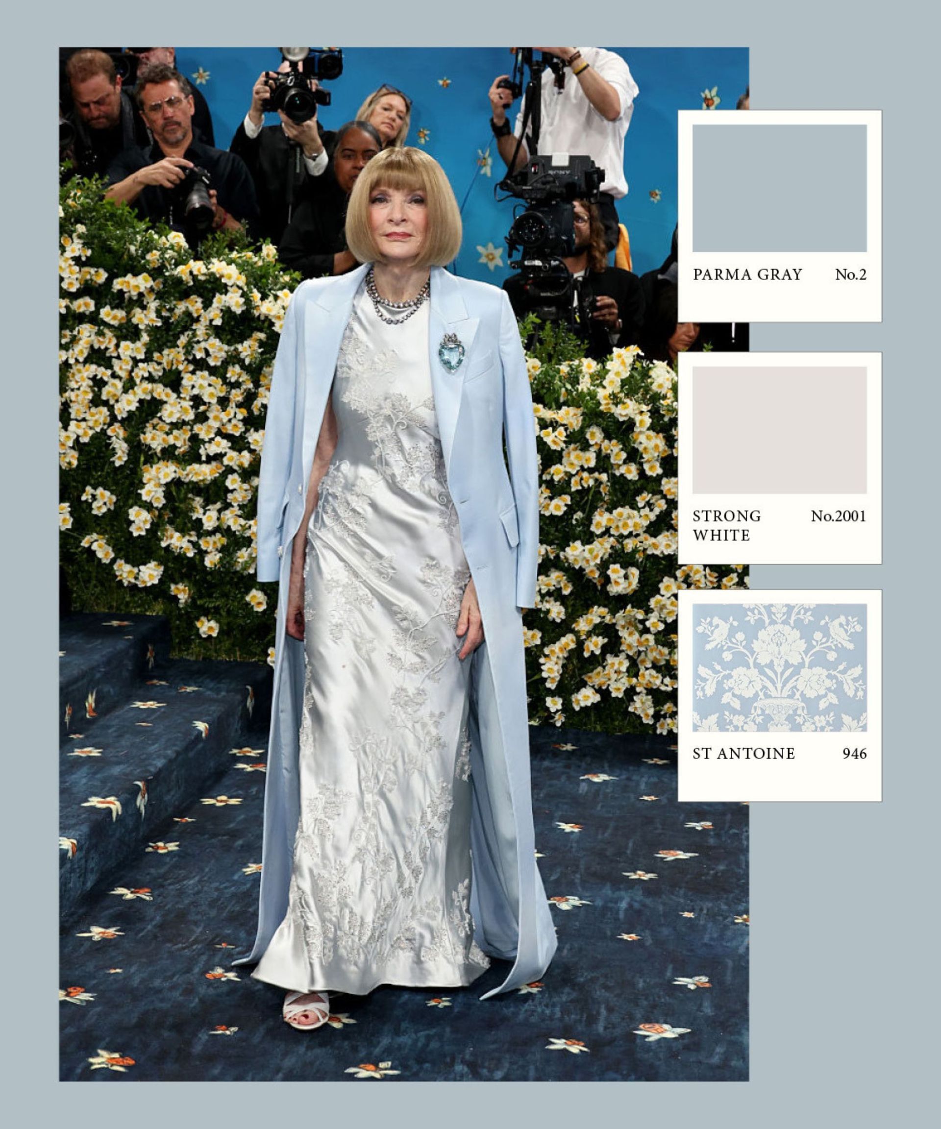 Anna Wintour on the Met Gala blue carpet wearing a satin baby blue dress