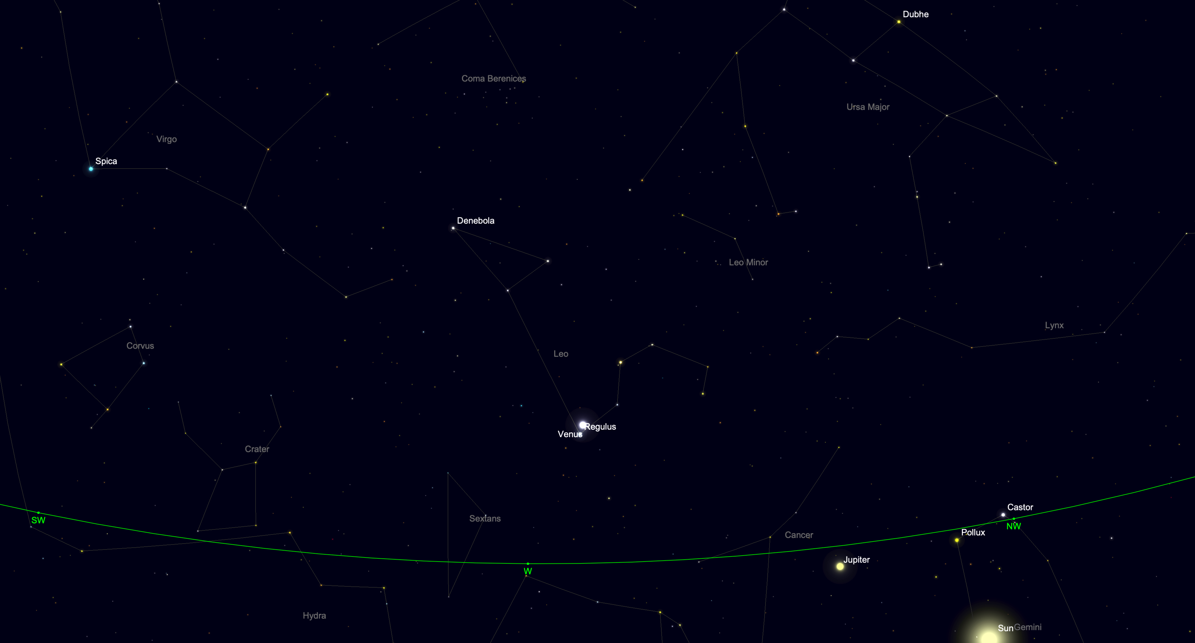 night sky graphic showing venus shining close to Regulus on July 9