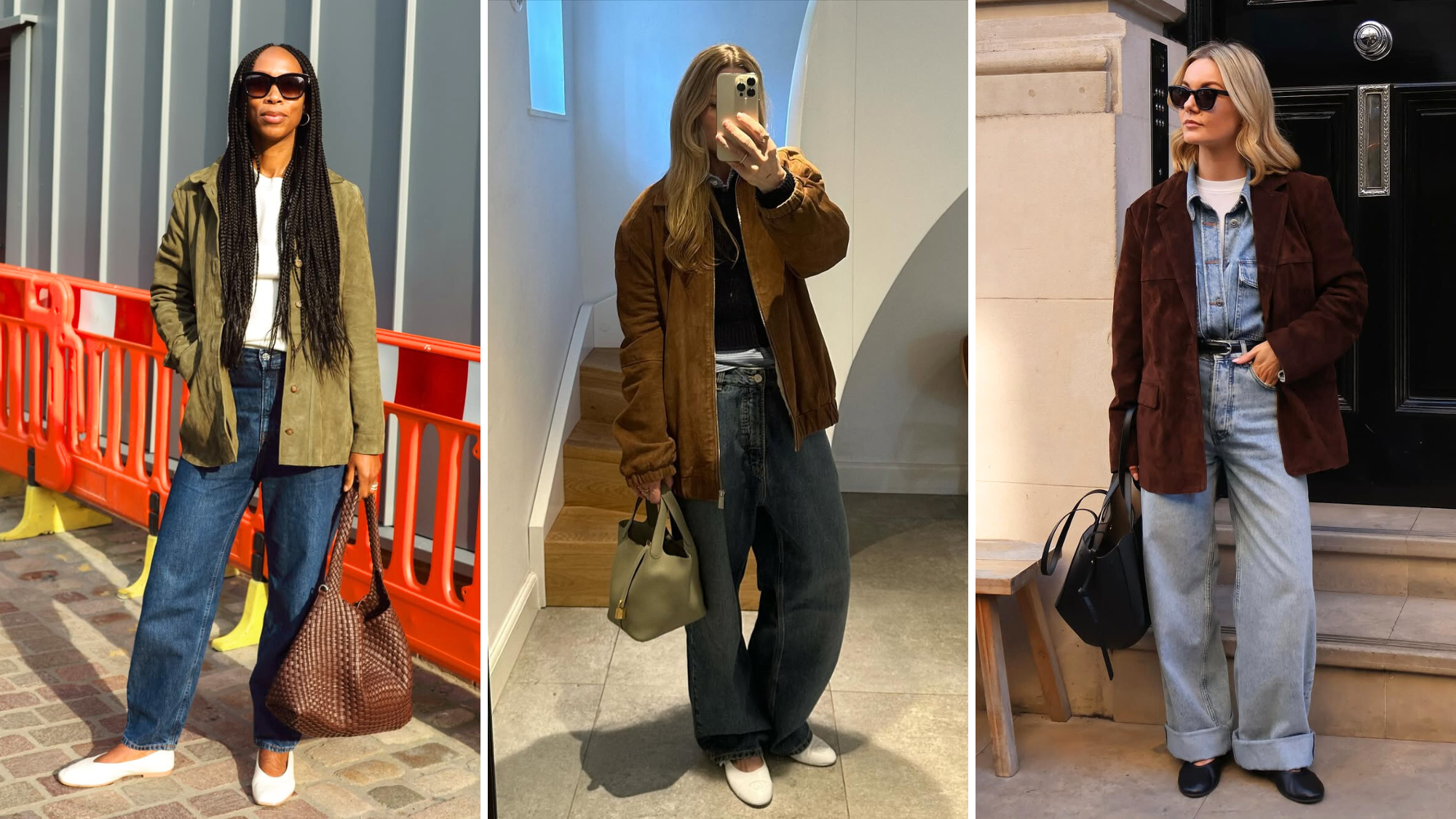 Women weaing brown suede jackets 