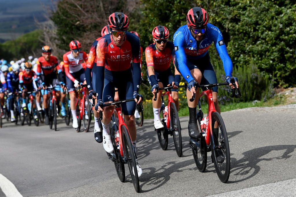 FOLLONICA ITALY MARCH 07 LR Thymen Arensman of The Netherlands and Filippo Ganna of Italy and Team INEOS Grenadiers Blue Leader Jersey competes during the 58th TirrenoAdriatico 2023 Stage 2 a 210km stage from Camaiore to Follonica TirrenoAdriatico on March 07 2023 in Follonica Italy Photo by Tim de WaeleGetty Images