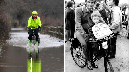 Geoff Nelder on his bike, old and young