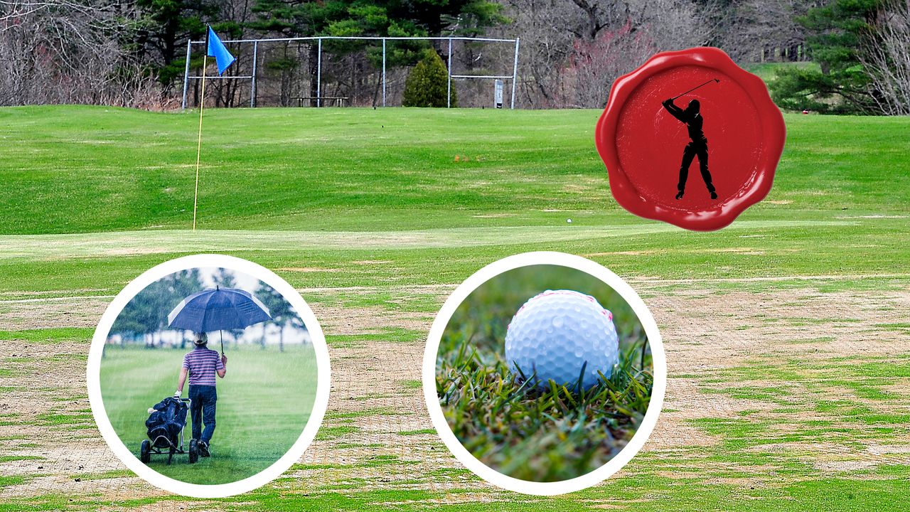 A temporary green on a golf course, with two inset images of a wet golf course and a golfer playing in the rain, with the secret club golfer logo in the top right corner