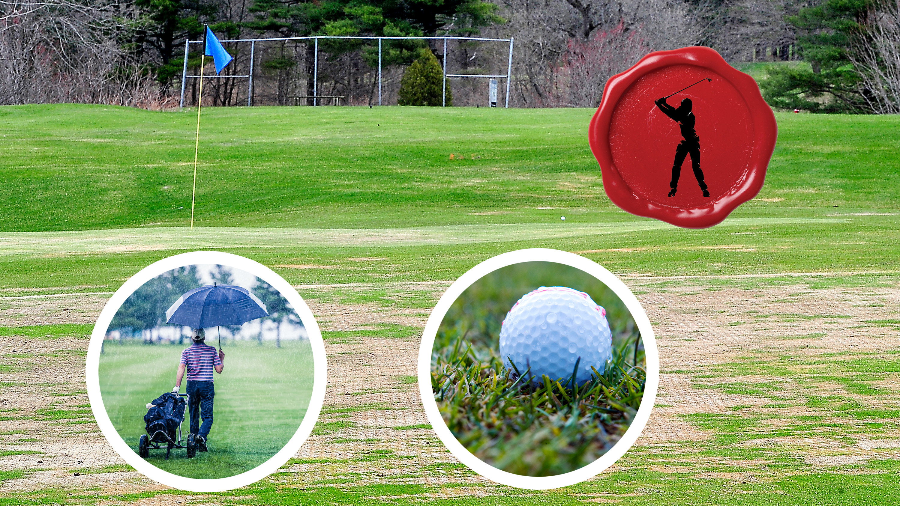 A temporary green on a golf course, with two inset images of a wet golf course and a golfer playing in the rain, with the secret club golfer logo in the top right corner