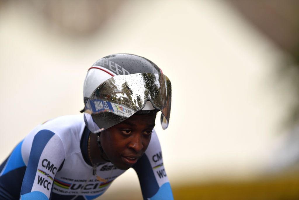 HARROGATE ENGLAND SEPTEMBER 22 Arrival Teniel Campbell of Trinidad Tobago Team UCI World Cycling Centre during the 92nd UCI Road World Championships 2019 Team Time Trial Mixed Relay a 276km Men Women Team Time Trial race from Harrogate to Harrogate TTT Yorkshire2019 Yorkshire2019 on September 22 2019 in Harrogate England Photo by Tim de WaeleGetty Images