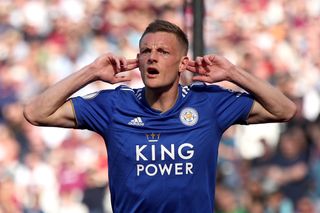 Leicester’s Jamie Vardy celebrates after scoring at West Ham