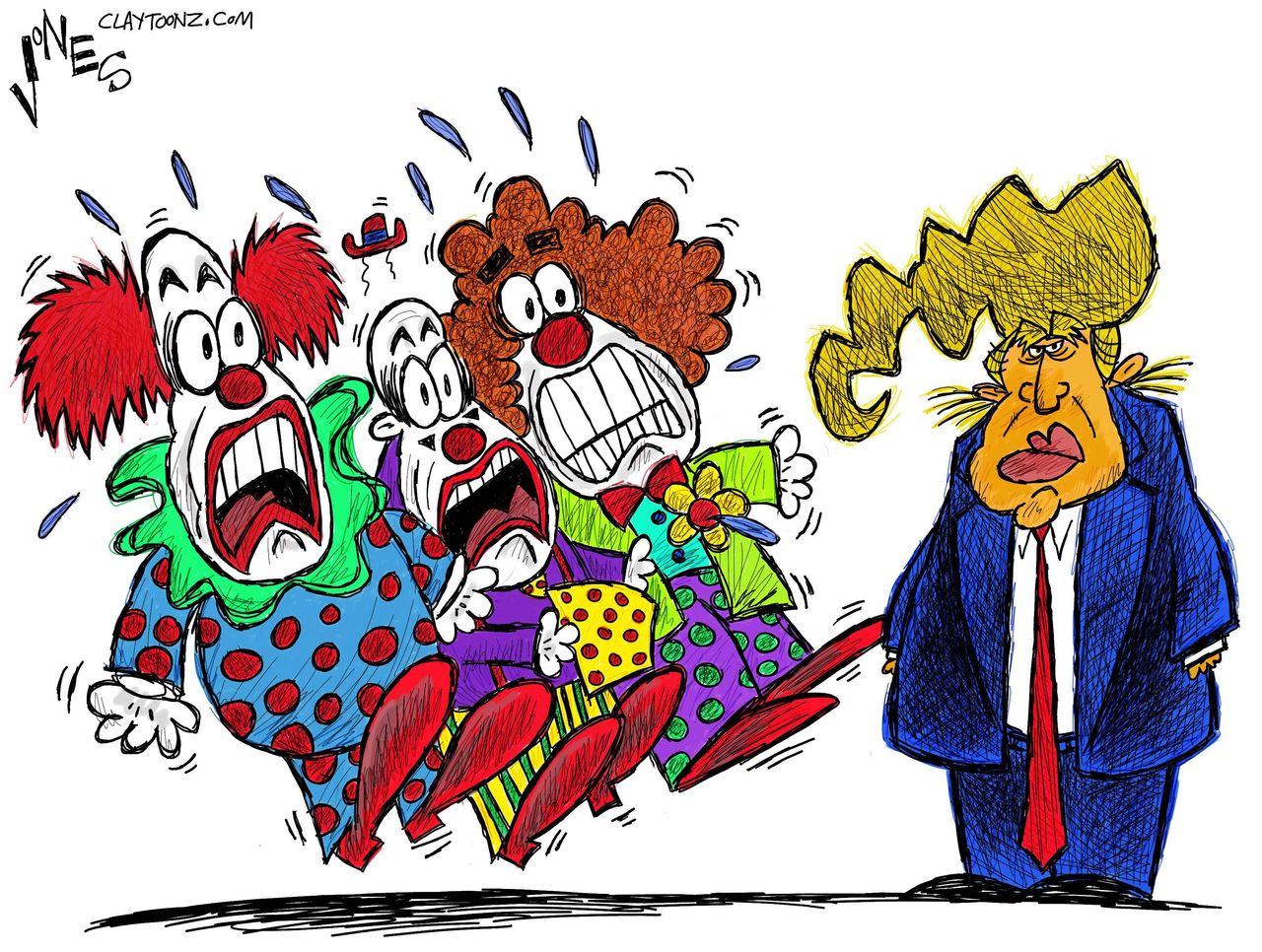 Political cartoon U.S. Donald Trump creepy clowns