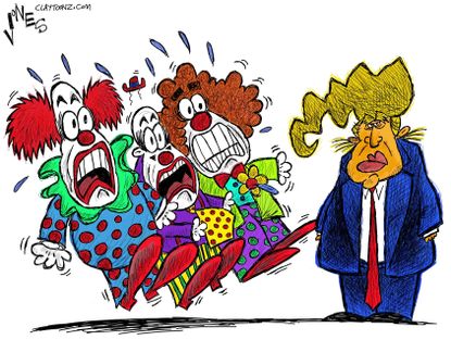 Political cartoon U.S. Donald Trump creepy clowns
