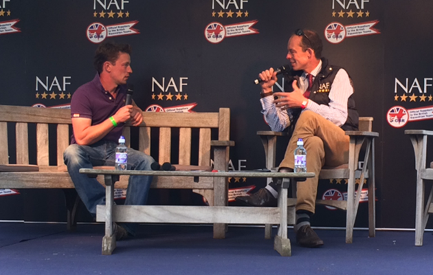 Simon Grieve and Jonty Evans in the Celebrity Talk Area at Burghley 2015