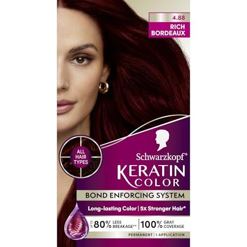 Schwarzkopf Keratin Color Permanent Hair Color, 4.8 Rich Bordeaux, 1 Application - Salon Inspired Permanent Hair Dye, for Up to 80% Less Breakage Vs Untreated Hair and Up to 100% Gray Coverage