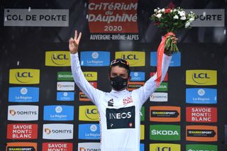 CHARTREUSE FRANCE AUGUST 13 Podium Egan Arley Bernal Gomez of Colombia and Team Ineos White Best Young Jersey Celebration during the 72nd Criterium du Dauphine 2020 Stage 2 a 135km stage from Vienne to Col de PorteChartreuse 1316m dauphine Dauphin on August 13 2020 in Chartreuse France Photo by Justin SetterfieldGetty Images