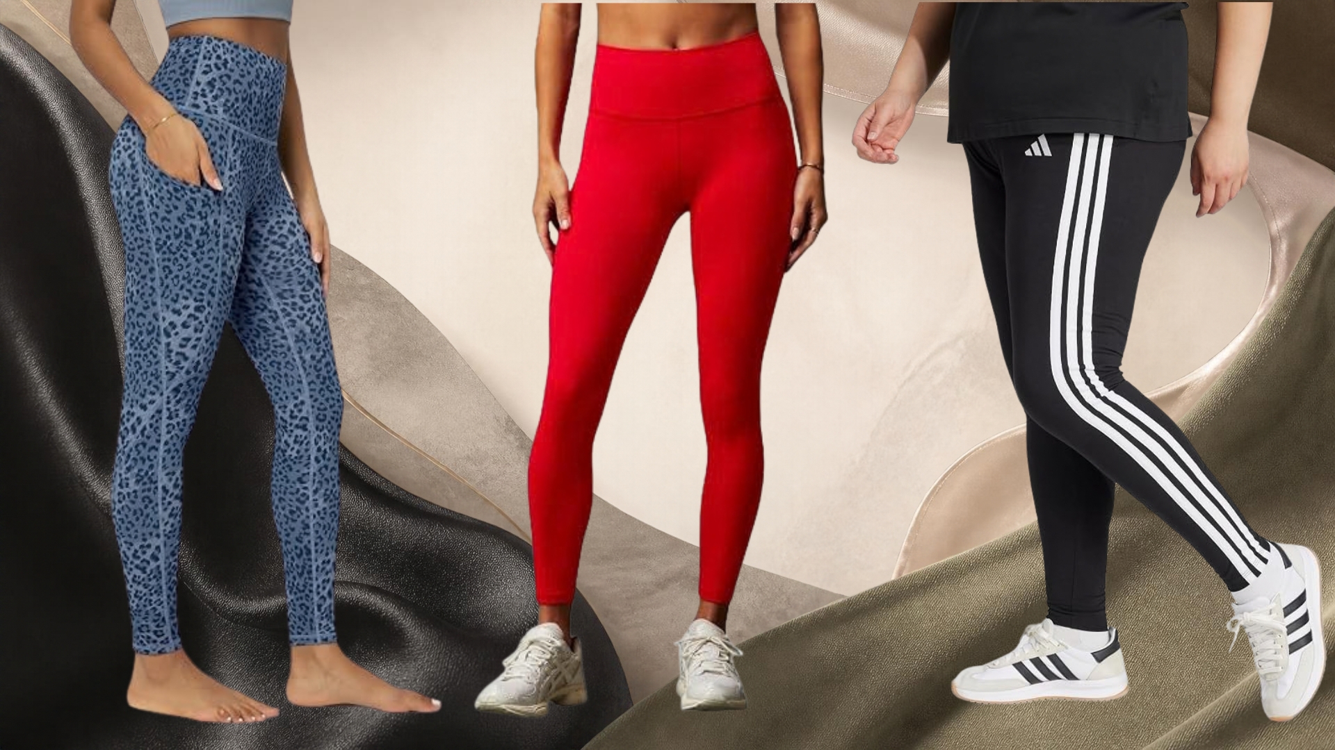 Cut-outs of three women wearing leggings, seen from waist down, against abstract background 