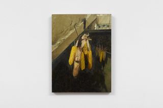 Artwork of hanging corn on wall at Emalin Gallery 118½