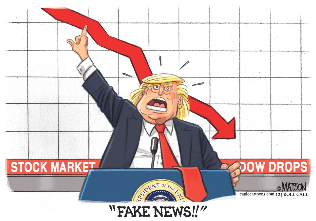 Political cartoon U.S. Trump Dow Jones drop stock market fake news