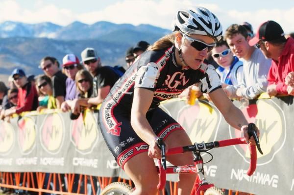 Amy Dombroski (Richard Sachs-RGM) in second position through the sand.