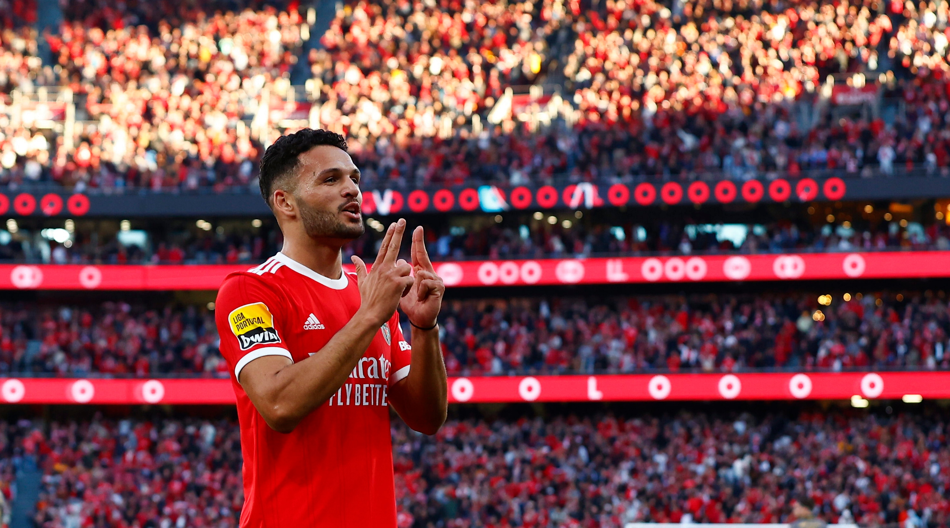 Manchester United rumoured transfer target Goncalo Ramos of Benfica, pictured celebrating his team's second goal during the Primeira Liga match between Benfica and Vitoria Guimaraes at the Estadio do Sport Lisboa e Benfica on March 18, 2023 in Lisbon Portugal.