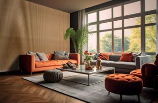 A living room with a feature timber slatted wall, a long orange sofa, a long grey sofa, a glass coffee table, a grey rug and a huge window