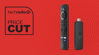 Fire TV Stick 4K Max on red background