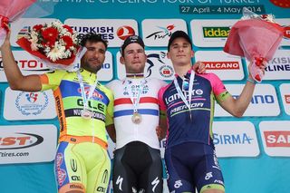 Francesco Chicchi, Mark Cavendish and Niccolo Bonifazio on the podium after Stage 2 of the 2014 Tour of Turkey