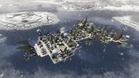 A flying city drifts over a frozen landscape, its floating streets dusted by snowfall.