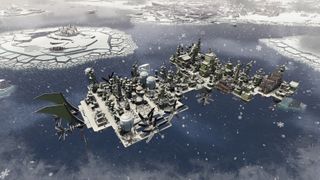 A flying city drifts over a frozen landscape, its floating streets dusted by snowfall.